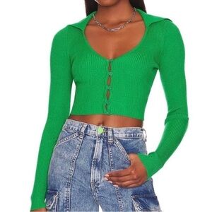 ALL THE WAYS Ribbed Deep V Crop Top – Small (Green)